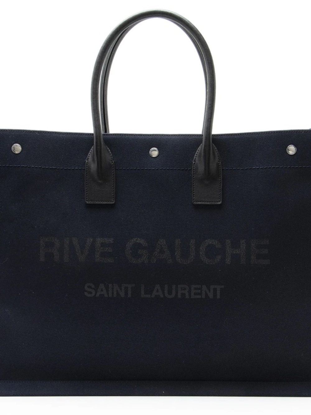 Saint Laurent YSL Rive Gauche Navy Black Canvas Logo Leather Tote Bag
